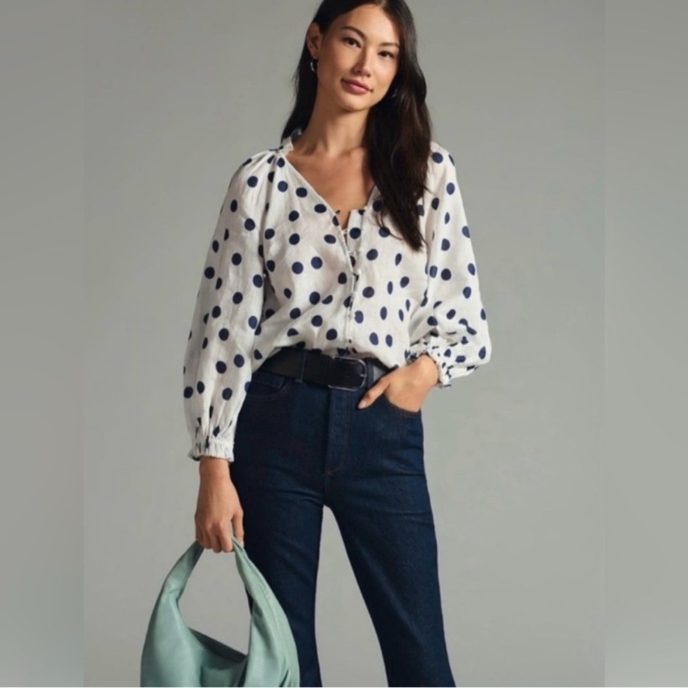 Maeve White and Blue Polka Dot Blouse